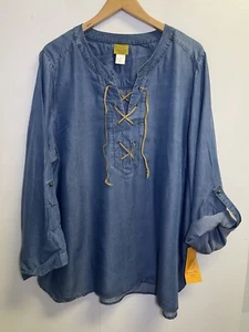 Ruby Rd Damen Plus 1X Chambray Hemd Schnürung Popover Jeansblau Krempelärmel - Bild 1 von 6