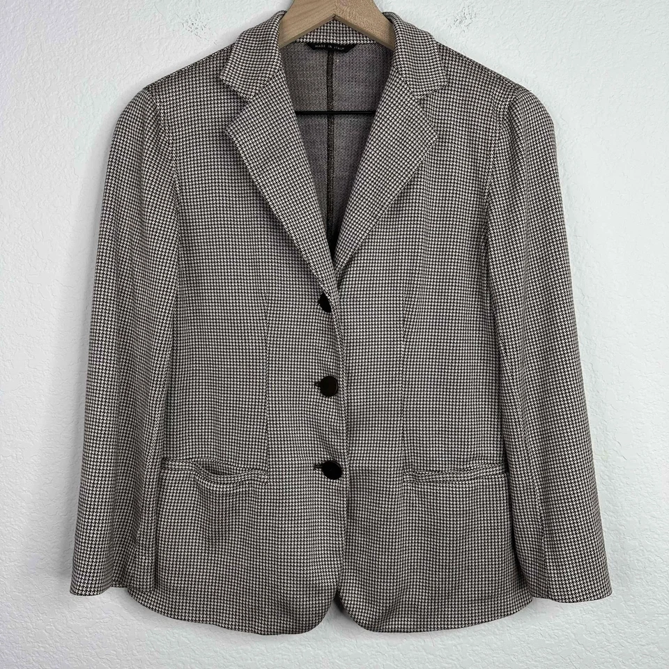 Blazer feminino Giorgio Armani tamanho 44 marrom branco Houndstooth malha de dois botões - Imagem 1 de 4