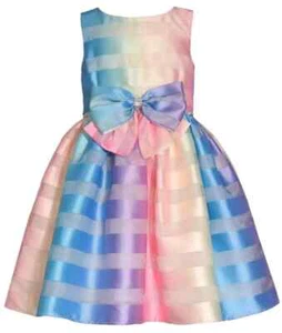 NWT Bonnie Jean Girls 6 Sleeveless Bow Rainbow Stripe Rhinestone Bow Party Dress - Picture 1 of 3