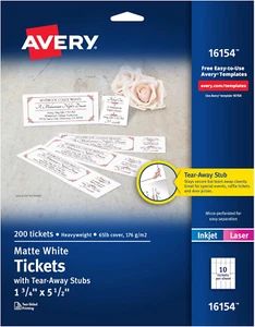 Avery Printable Tickets with Tear-Away Stubs, 1.75" X 5.5", Matte White, 200 Bla - Picture 1 of 12