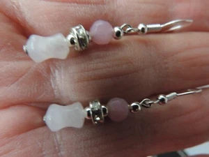 Nice Earrings with Light Rose Quartz & Rhodolite Gemstone 2.5 Cm. Long + Hooks - Picture 1 of 6