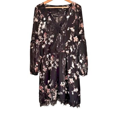 White House Black Market Black Lace Floral Chiffon Dress Size 14 Long Sleeve - Image 1 of 4