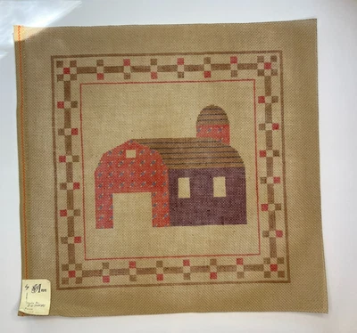 RED & BROWN BARN - HANDPAINTED NEEDLEPOINT CANVAS BY ANN - VINTAGE - Image 1 of 4