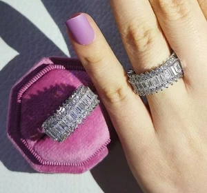 Silver Baguette Eternity Ring – Alloy & Resin | Rectangular & Round Cut Stones - Picture 1 of 2