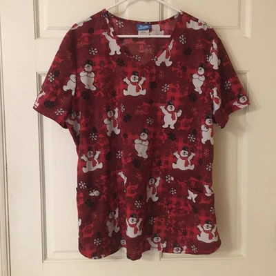 Women’s Scrub Top XL Short Sleeve Shirt 2 Front Pockets Snowman Print - Image 1 of 4