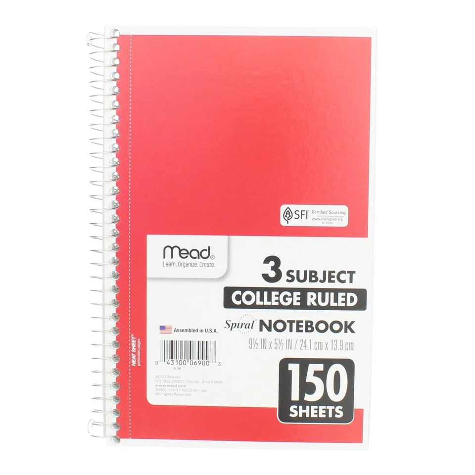"Mead Spiral Bound Notebook, College Rule, 6 x 9-1/2, White, 3 Subject 150 Sheets/Pad"