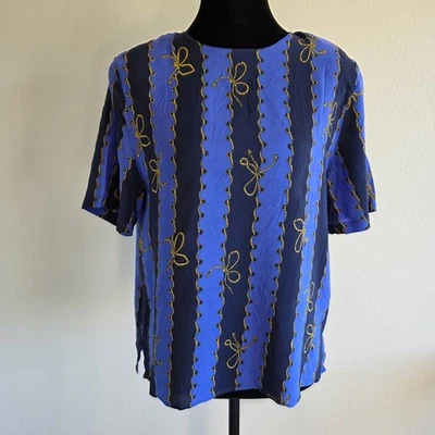 Blusa de seda Christie & Jill cuerdas azules doradas ecuestres talla L P ojo de cerradura vintage Foto 1 de 4
