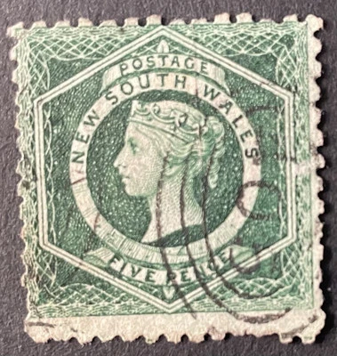 Queen Victoria New South Wales five pence green stamp - used hinged - Image 1 of 2