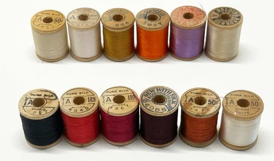 Lot of 12 Vtg Silk Thread Spools 100yd Size A Belding Corticelli Carlson Bonita - Image 1 of 4