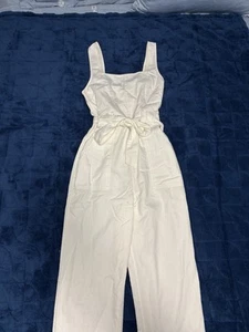 American Eagle Women White Denim Strappy Tie Belt Jumpsuit - Picture 1 of 9