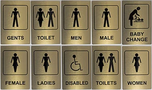 Gold Aluminium Toilet Sign 100x150mm Ladies, Women, Baby Change, Men, Gents - Picture 1 of 11