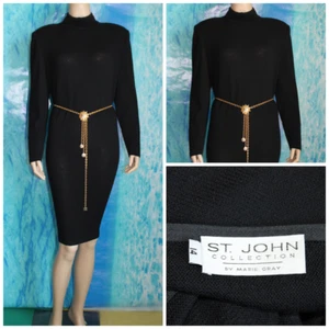 ST JOHN Collection Knits Black Dress L 14 12 Long Sleeved Sheath Zip Ribbed Trim - Picture 1 of 6