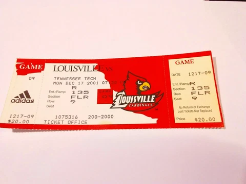 2001-02 Louisville Cardinals Tennessee Tech Basketball Full Unused Ticket Stub Cover