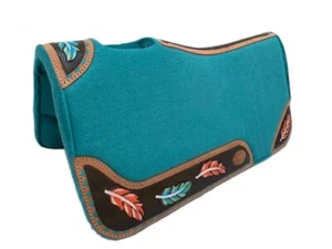 SADDLE PAD Klassy Cowgirl Teal Felt Hand Tooled & Painted Feather Wear Leathers - Picture 1 of 1