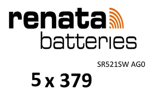 5x RENATA 379 Uhren-Batterie Knopfzelle SR521SW AG0 1,55V Silberoxid im Blister - Bild 1 von 2