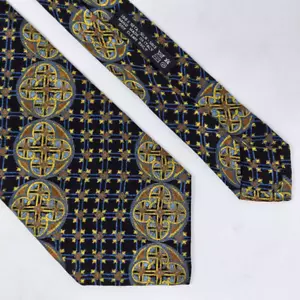 BRIONI SILK TIE BLACK BLUE GOLD NORDIC GEOMETRIC CIRCLES STRIPE 4" X 59" - Picture 1 of 4