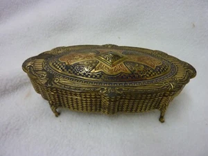 VINTAGE TRINKET JEWELRY BOX CASKET FOOTED CROSS RED ENAMEL HINGED RAISED JAPAN - Picture 1 of 8