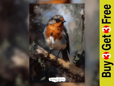 Encantador Robin en una rama, impresión de pintura al óleo 5"x7" sobre papel mate Foto 1 de 4