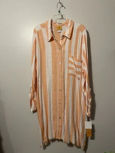 Ruby Rd Cover Up Women's 1X Striped Coral White Long  V-Neck Button Up NWT - Picture 1 of 3