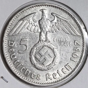 1937 F WW2 German 5 Reichsmark Coin, Third Reich, Paul Von Hindenburg, E405 ZZCM - Picture 1 of 2