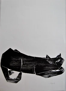 Detlef Willand Spielende Katze handsigniert Holzschnitt - Bild 1 von 4
