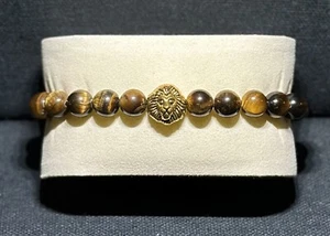 Brown & Beige Lion Head Men’s Beaded Bracelet 8mm Handmade - Picture 1 of 2