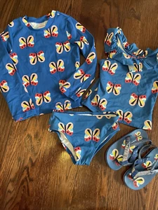 HANNA ANDERSSON Blue 3 pc BUTTERFLY TANKINI BOTTOM RASHGUARD SZ 5 Swimsuit 110 - Picture 1 of 15