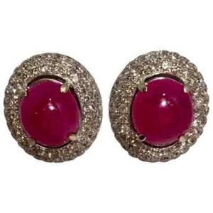 3.02 Carat Oval Cabochon Ruby With Pave Set Cubic Zirconia Very Elegant Earring - Picture 1 of 6