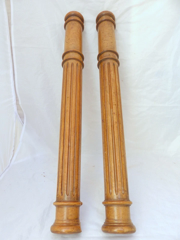 19TH French Antique Pair Turned Carved Walnut Wood Pillar Column 24.8" Accidents - Image 1 of 4
