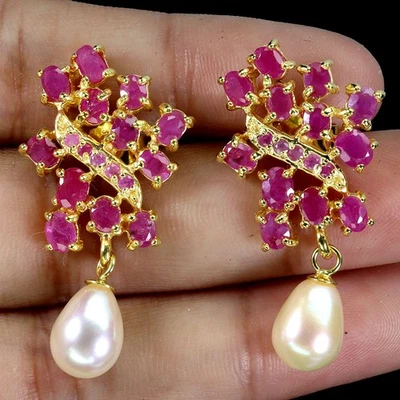 925 Sterling Silver Earrings Oval Ruby 4x3mm Pearl Natural Gemstone Jewelry - Image 1 of 4