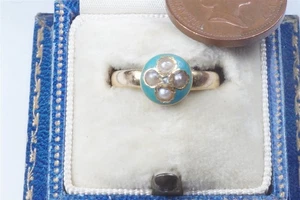 ANTIKER MITTELVIKTORIANISCHER ENGLISCHER RING 18 K GOLD BLAUE EMAILLE PERLE & DIAMANT um 1864 - Bild 1 von 10