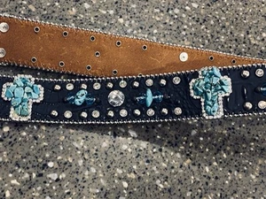 Nocona Womens Belt Western Leather Rhinestone Embellished Turquoise Crosses XL - Picture 1 of 6