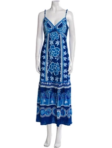 Caroline Constas womens Strappy Linen Long Maxi Dress size Medium Blue Tropical - Picture 1 of 7