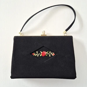 Vintage Clothfair of London Black Rayon Handbag Clutch Embroidered Rose Britain - Picture 1 of 24