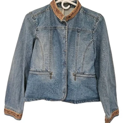Liz Claiborne Jean Jacket Womens Petite Med Snap Front Beaded Accents Blue Denim - Image 1 of 4