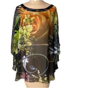 Chico's Womens Top S/M Multicolor Sheer Poncho Style Blouse Top - Picture 1 of 12