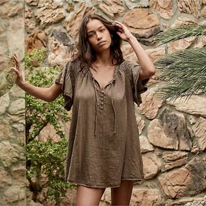 Free People Rosie Tunika leichte Pfefferkörner grün braun Größe L - Bild 1 von 7