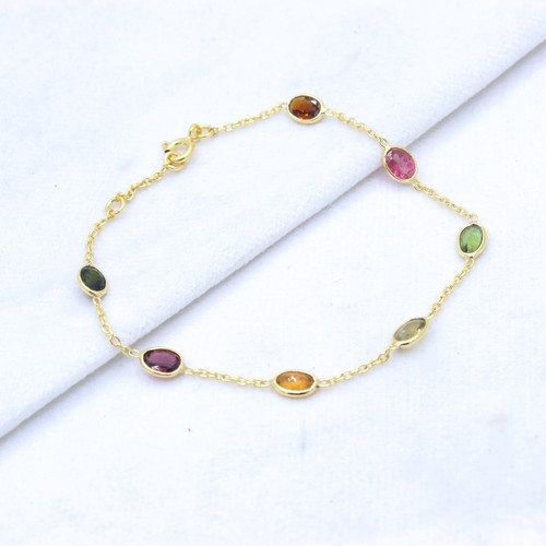 VALENTINO Bracciale catena maglia multi tormalina naturale ciondolo in argento 925 placcato oro fine