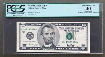 2001 $5 FRN KANSAS FR 1988-J ✔RARE [] PCGS 40 [] Notations [] Ser# CJ 03381616 A - Image 1 of 2