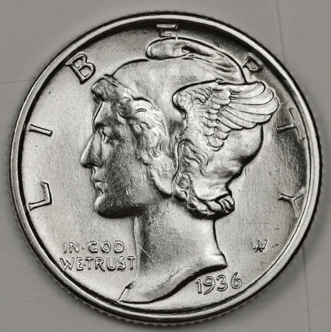 1936-s Mercury Dime.  66% Fully Separated Horizontal Bands. BU (Inventory G) Cover