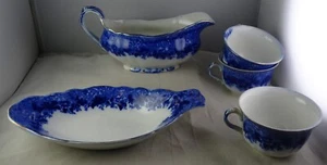 Ridgway Dundee Antique Flow Blue Gravy Boat + Tab Handled Tray + 3 Cups - Picture 1 of 3