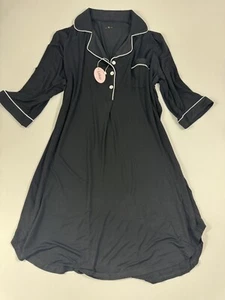 Leikar Nightgowns For Women Button Pajamas Dress 3/4 Sleeve Sleepwear Black XL - Picture 1 of 4