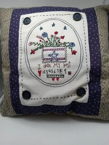 Handmade Throw Pillow Embroidered Sampler FarmHouse Blue/Brown Button Accent - Picture 1 of 5