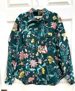 Ann Taylor Loft Dark Green Floral Print Button Front Top sz Small - Picture 1 of 19