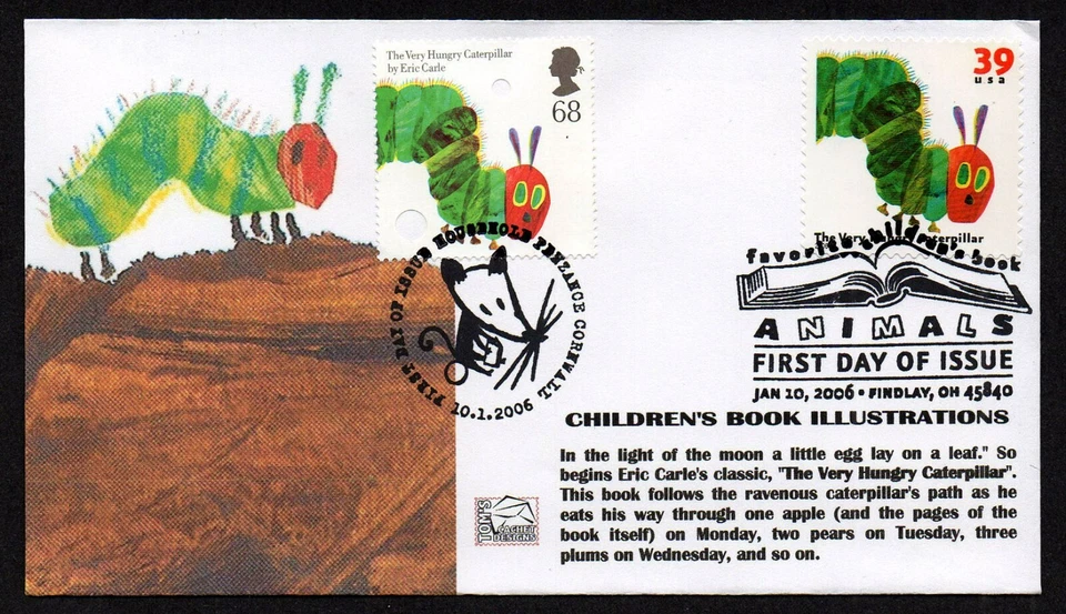 USA, SCOTT #3987 & GREAT BRITAIN # 2340, TOM'S FDC COVER 2006 HUNGRY CATERPILLAR - Image 1 of 1