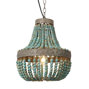 Blue Wood Bead Chandelier Pendant Ceiling Lights Finishing Vintage Rustic Lamp - Picture 1 of 6