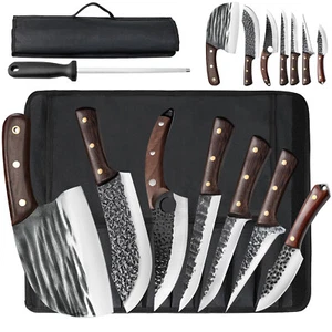 HAND FORGED DAMASCUS STEEL CHEF KNIFE SET KITCHEN KNIVES WITH LEATHER ROLL BAG - Picture 1 of 13