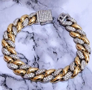 Two Tone 14mm Miami Cuban Bracelet Curb Link Iced Out 18K Gold Silver Layered - Picture 1 of 4