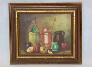 1950's-60's Stil Life Oil on Canvas Painting Vine Apples and Jars by Sohler - Picture 1 of 7