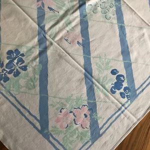 Vintage 50”x66” Cotton Print Tablecloth - Pastel Floral - Diagonal Blue Stripes - Picture 1 of 6